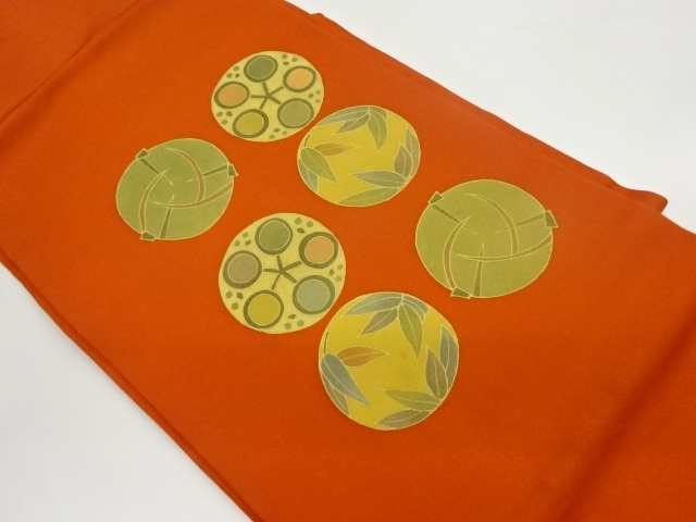 塩瀬金彩丸に笹・葉・梅鉢模様名古屋帯